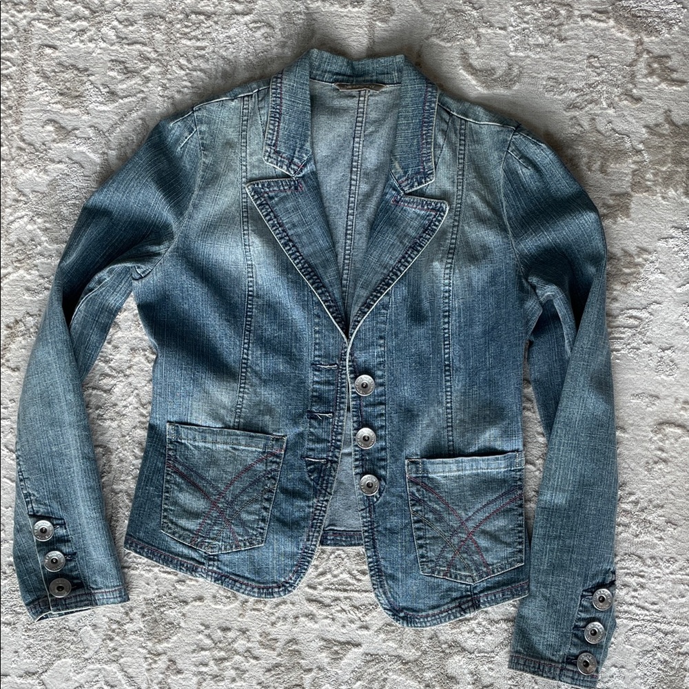 Denim Button-Front Blazer Jacket